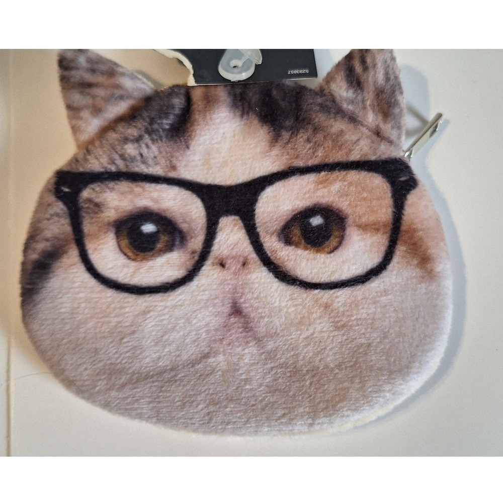 Summer! Cat with Glasses Plush Coin Pouch Novelty Zipper Purse HL9139069 New - Picture 2 of 4